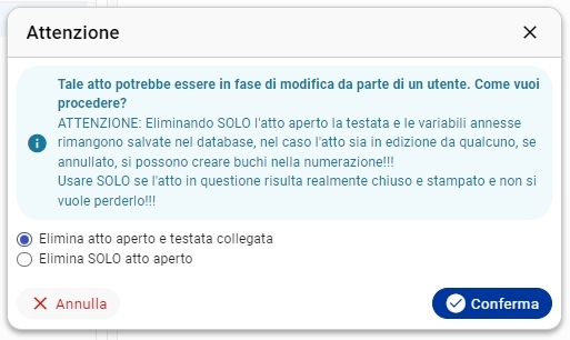 Messaggio gestione atti