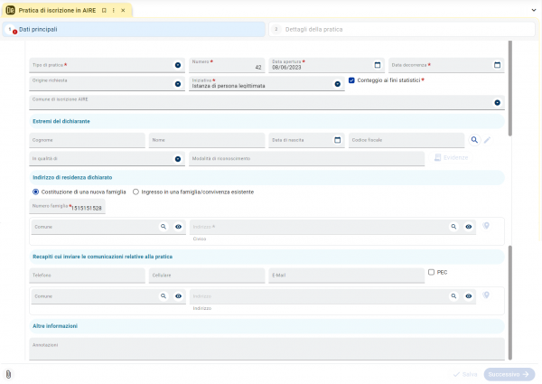 Pratica iscrizione AIRE: dati principali