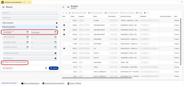 Gestione procedimenti: filtri di ricerca