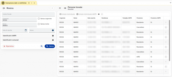 Variazione dati e rettifiche: ricerca nominativo