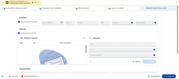 Dettaglio pratica iscrizione AIRE: patenti, veicoli, leva, note