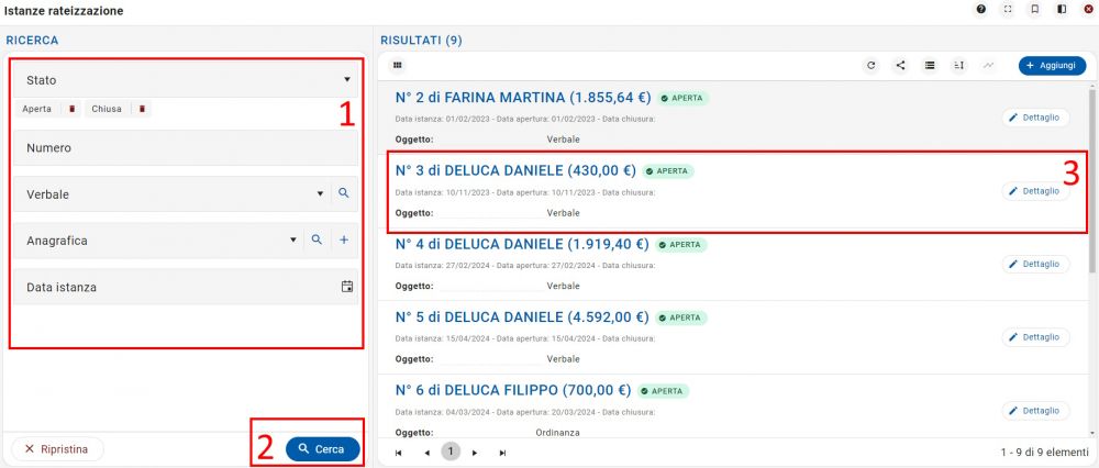 Ricerca istanze rateizzazione