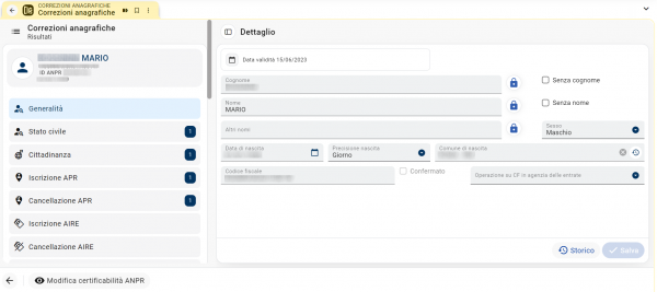 Correzioni anagrafiche: dettaglio