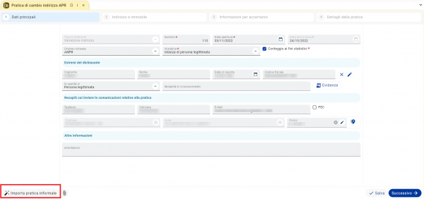 Gestione pratica APR - Importazione pratica informale