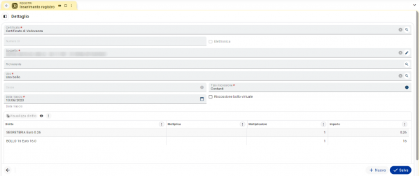 Inserimento manuale registro: maschera di inserimento dati