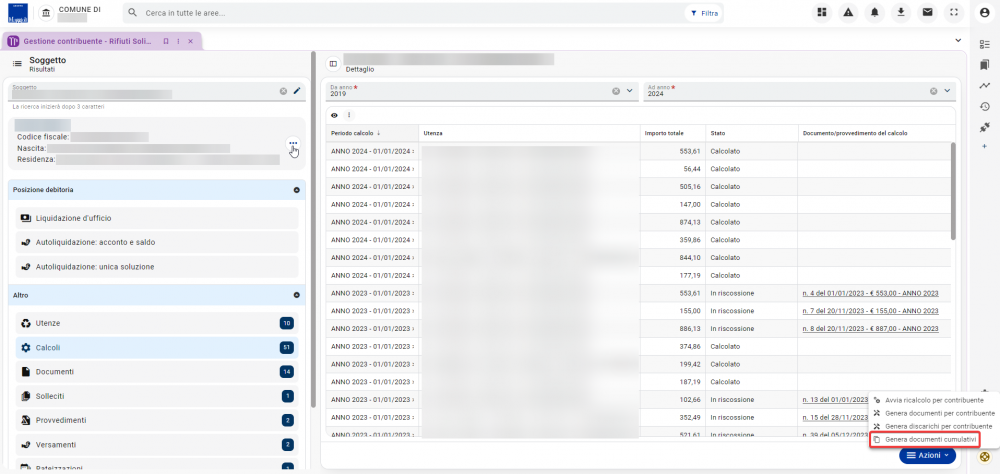 Generazione documenti cumulativi da gestione contribuente