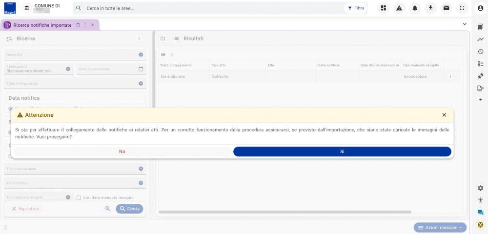 Messaggio informativo per l'azione massiva: Collega notifiche importate agli atti