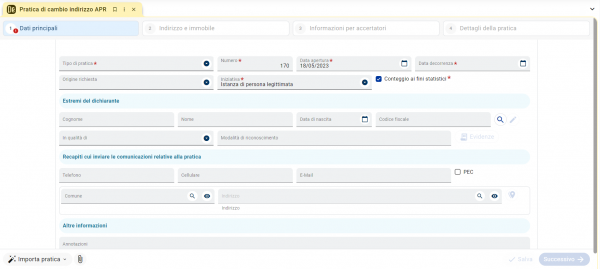 Pratica cambio indirizzo in APR: dati principali