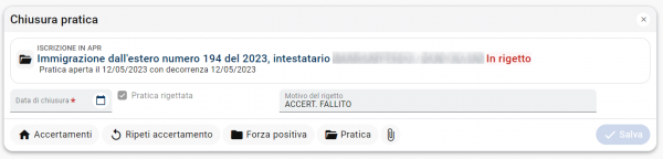 Pratica migratoria iscrizione in APR - Chiusura pratica in rigetto