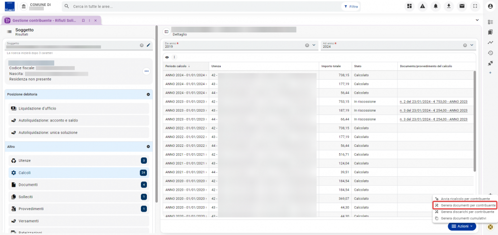 Generazione documenti da gestione contribuente