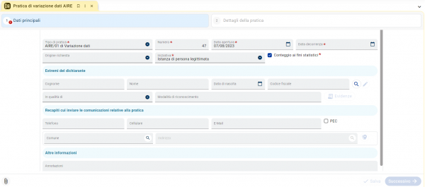 Nuova pratica di variazione dati AIRE