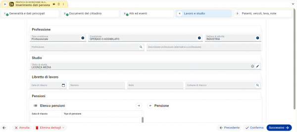 Dettaglio pratica iscrizione AIRE: lavoro e studio