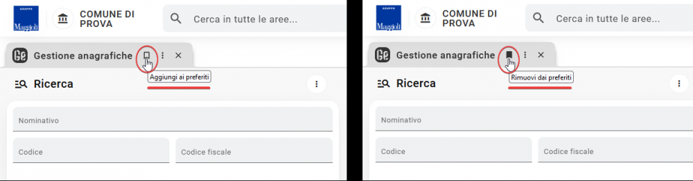 Tab Aggiungi/Rimuovi dai preferiti