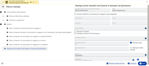 Gestione Procedimenti: Stampa invito stranieri ad inserire il neonato nel permesso