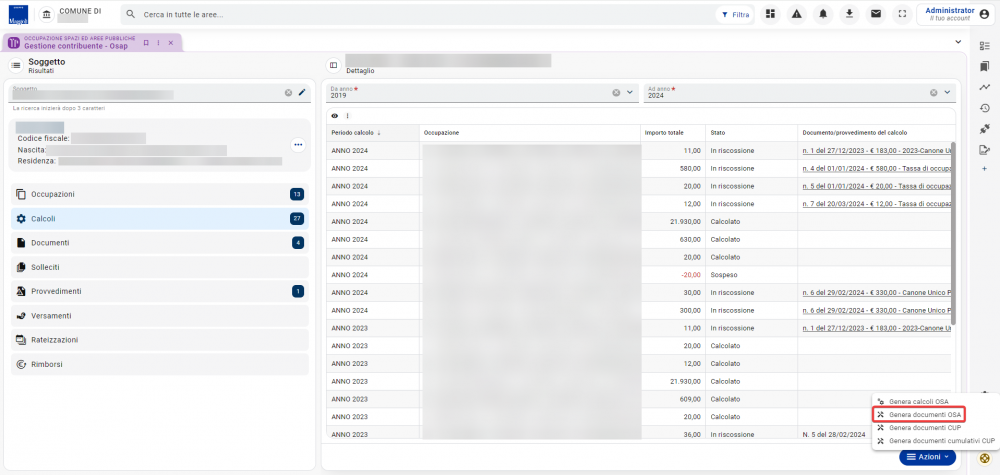 Generazione documenti da gestione contribuente