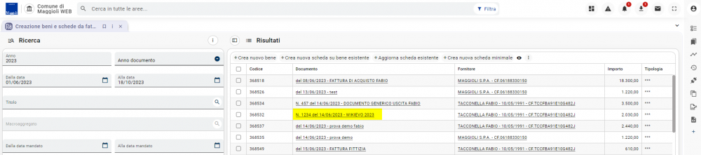 Creazione beni e schede da fatture