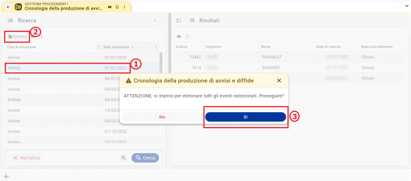 Gestione procedimenti: storico avvisi e diffide