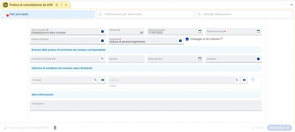 Pratica cancellazione APR: dati principali