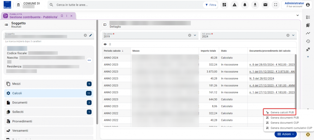 Generazione calcolo da gestione contribuente