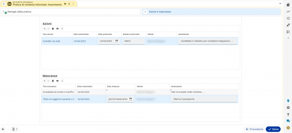 Dettaglio pratica richiesta informale - Azioni e Mancanze