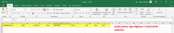 immagine che illustra quali nomi devono avere le celle della prima riga del file csv