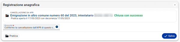 Pratica migratoria cancellazione da APR - Risposta al comune iscrivente