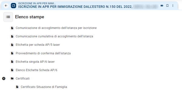 Pratica migratoria iscrizione in APR - Stampe di chiusura pratica