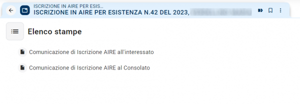 Pratica migratoria iscrizione in AIRE - Stampe di chiusura pratica