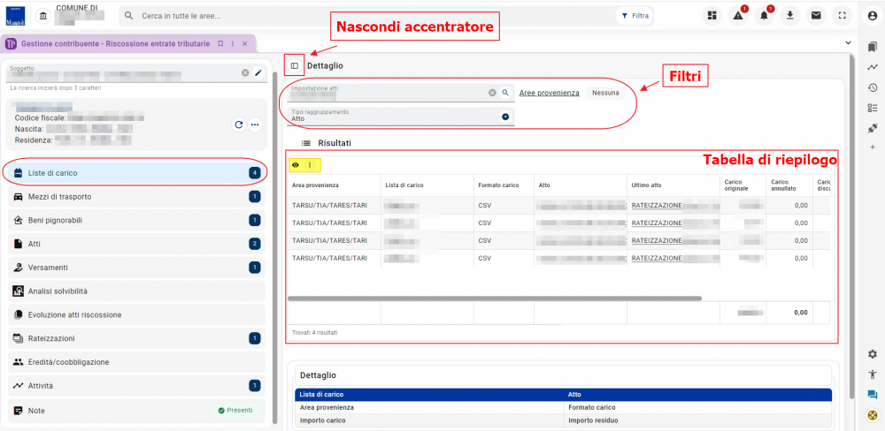 sezione: "Liste di carico"