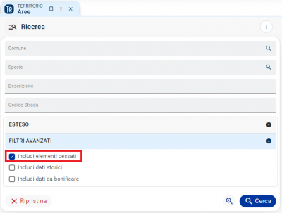 Ricerca Aree filtri avanzati